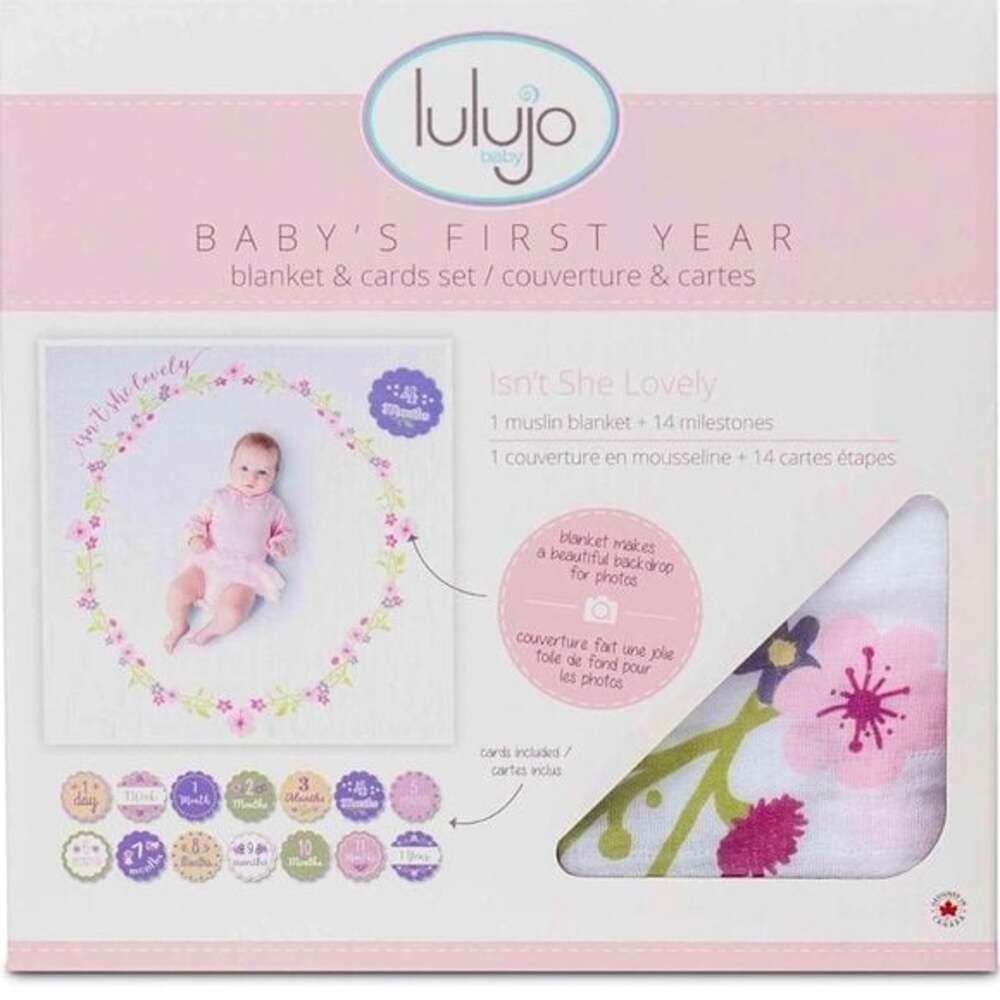 Lulujo Baby First Year Milestone Blanket & Cards Set Floral Muslin